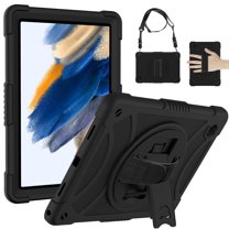 ELEHOLD Rugged Case for Samsung Galaxy Tab A8 10.5 (2022), Dual-Layer Heavy Duty Shockproof Case with 360° Rotatable Foldable Kickstand Handstrap Crossbody Shoulder Strap (X200/X205),Black