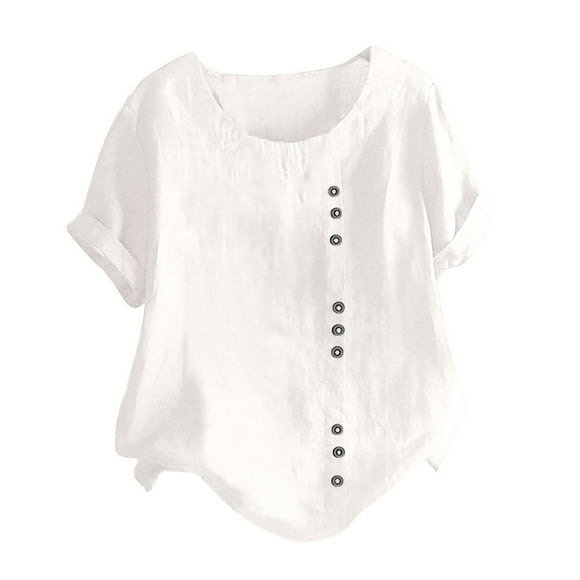 LMKIHUSA Short Sleeve Linen Tops for Women Elegant Floral Print Tops Button Down Round Neck Blouses Casual Dressy Summer 2025 Tunics White,XXL