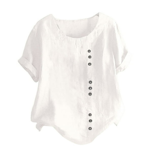 Blusas de manga corta con cuello redondo de color sólido informal de verano para mujer OAVQHLG3B Store lin121212