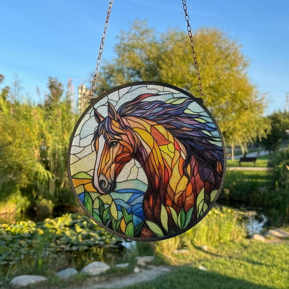 Horse Painted Stained Glass Suncatcher, Farmhouse Window Hanging Decor, Outdoor Sun Catcher Decor, Western Farm AnimalsÃ‚ WindowÃ‚ Decor