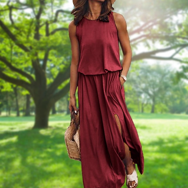 Vestido Sin Mangas Vestido sin mangas de verano Elegante vestido largo maxi Ropa femenina (Rojo vino S) Cgtredaw Para estrenar