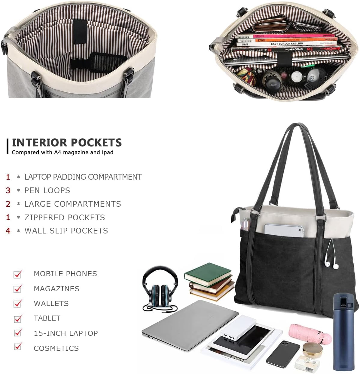 Lohol 15.6" Laptop Tote Bag for Women Fahion Work Purse with Zipper Pockets for Teachers Black