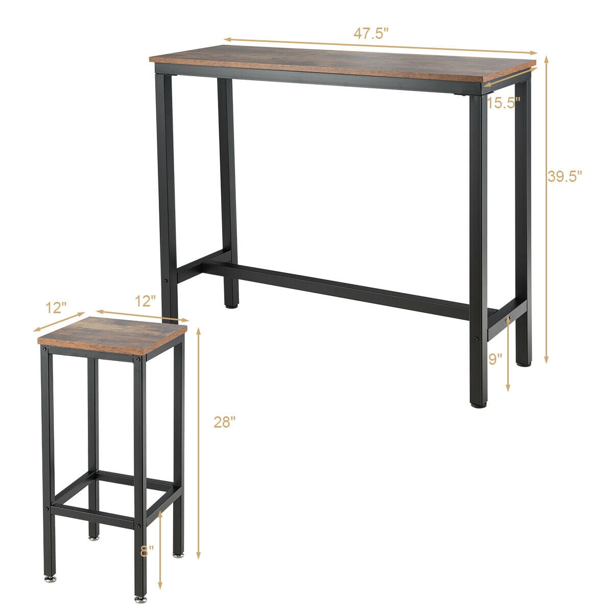 Gymax Counter Height Bar Dining Table Stools Set Rustic Brown, 3 Pieces