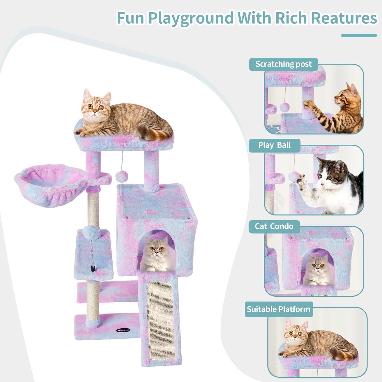 Rainbow Cute Cat Tree Tower for Indoor Cats Condo with Sisal Scratching Posts Jump Platform Furniture Activity Center Play House Bed