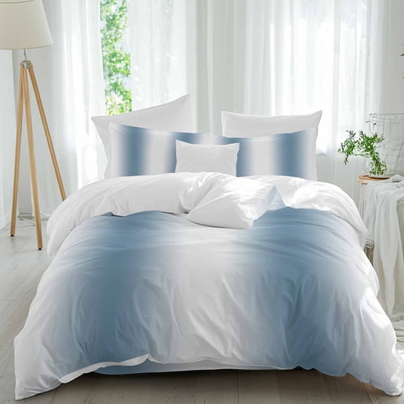 Blue White Ombre Duvet Cover Set Queen Size Gradient Color Soft Lightweight Comforter Covers 4 Piece Bedding Set with 1 Duvet Cover 1 Bed Sheet & 2 Pillow Shams