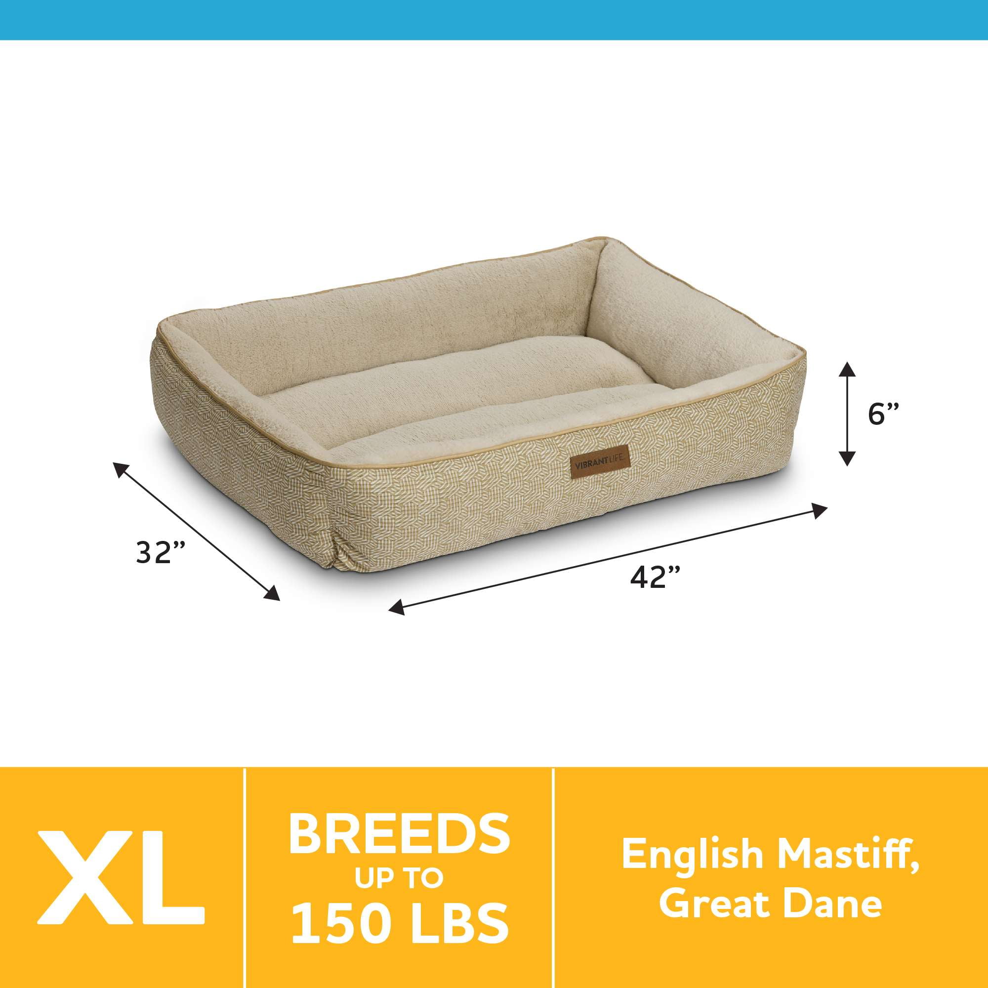 Vibrant Life Extra Large Dog Bed, Bolster Bed for Large Dogs, Extra Large, 42" x 32", Tan