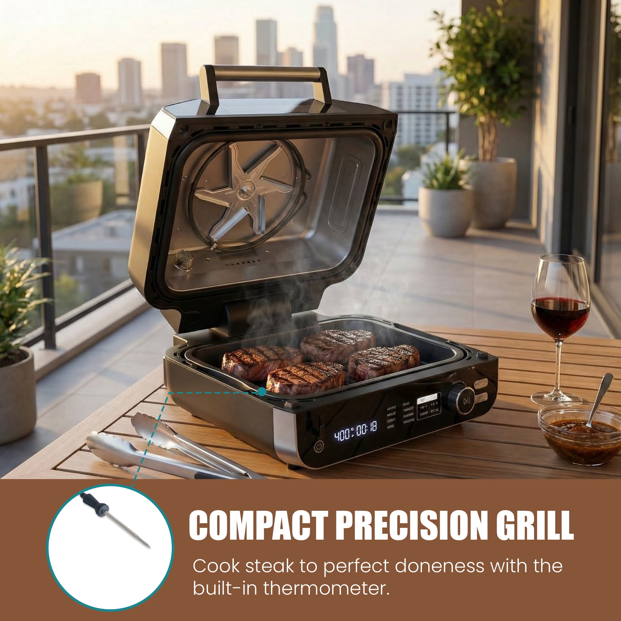 EDX Electric Air Fryer Grill Combo, 140ºF-450ºF Temperature Control, Multifunctional Steak Machine for BBQ Parties & Family Dinners, Black