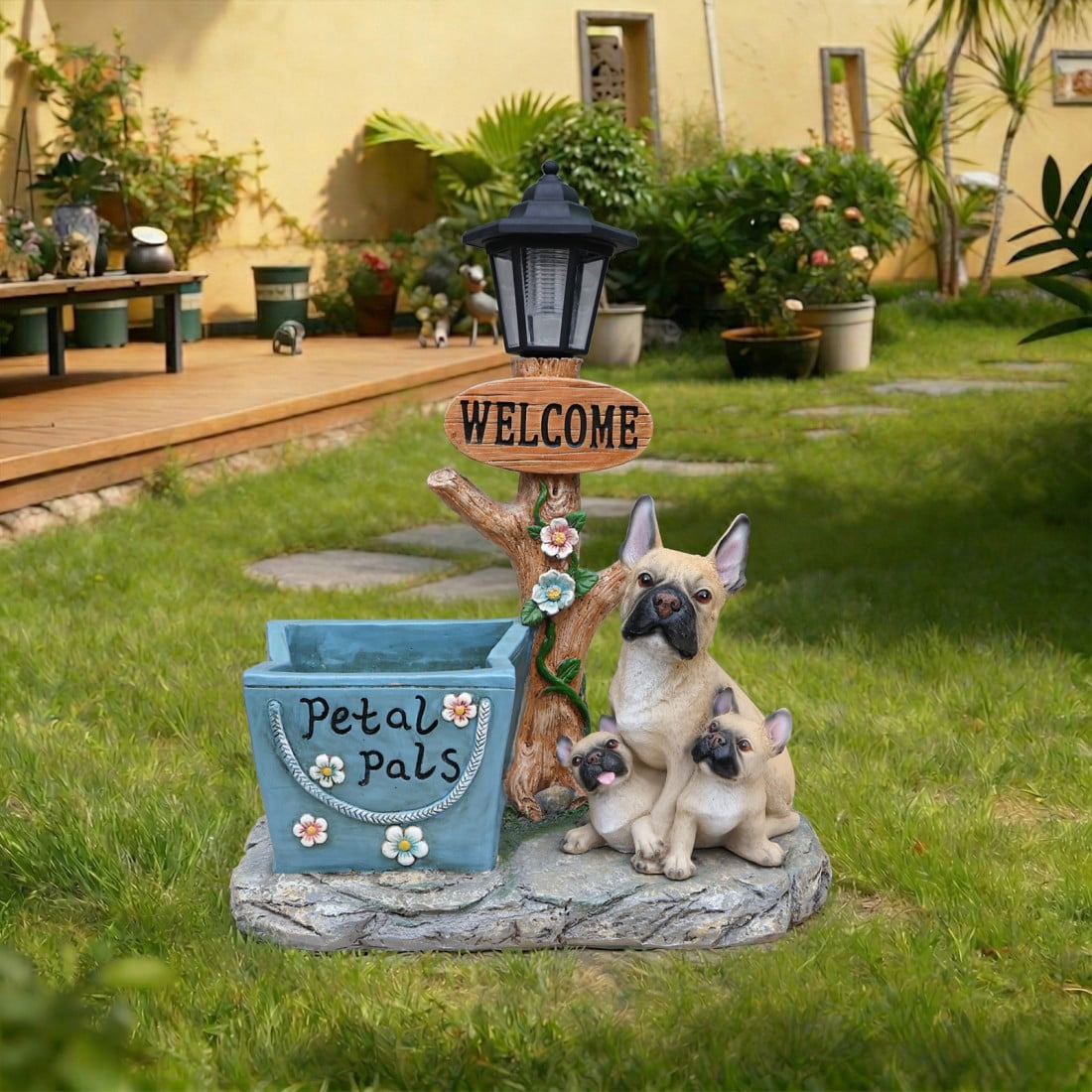 French Bulldog Family Planter Statue Outdoor Resin Garden Decor Dog Sculpture with Built in Flower Pot Decorative Yard Lawn Patio Porch Accent