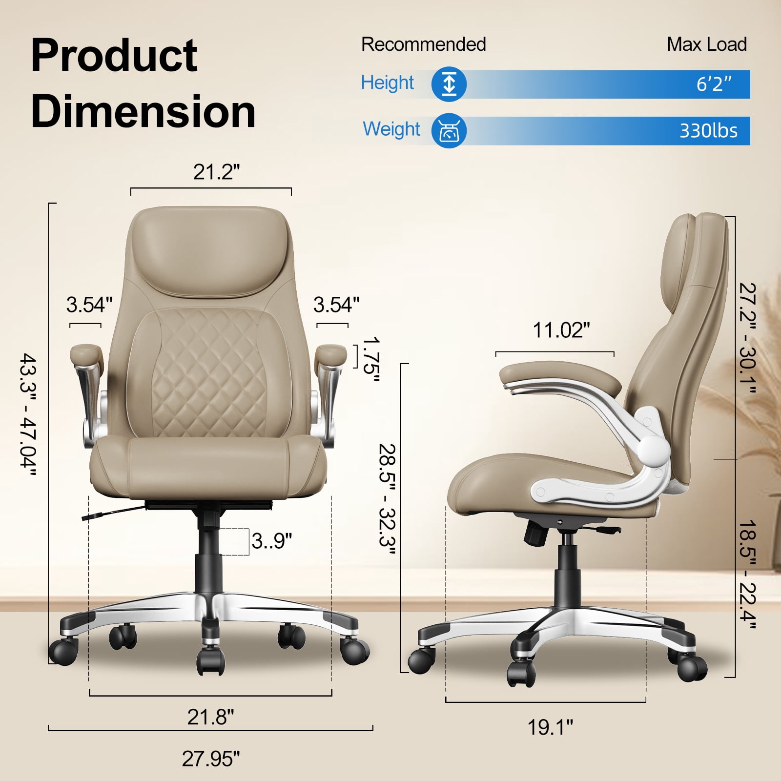 Nouhaus Office Ergonomic Desk High Back Executive Chair with Pop-Out Lumbar Support, Adjustable Headrest, Flip-Up Arms, Leather Home with Thick Cushion for Comfort - Taupe