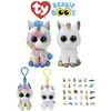 Stuffed Animals Beanie Boos Bundle 2 Regular Sized (6-in) Pink/Blue and White Unicorns with Matching 2 Clips Keychains Plush Toys with One Bonus Puzzle Animal Eraser