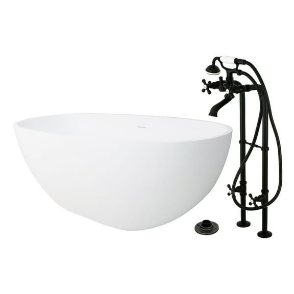 Kingston Brass KRTRS6531266K0 65" Solid Surface Oval Double Ended Freestanding Tub with Faucet Combo and Drain, Matte Black