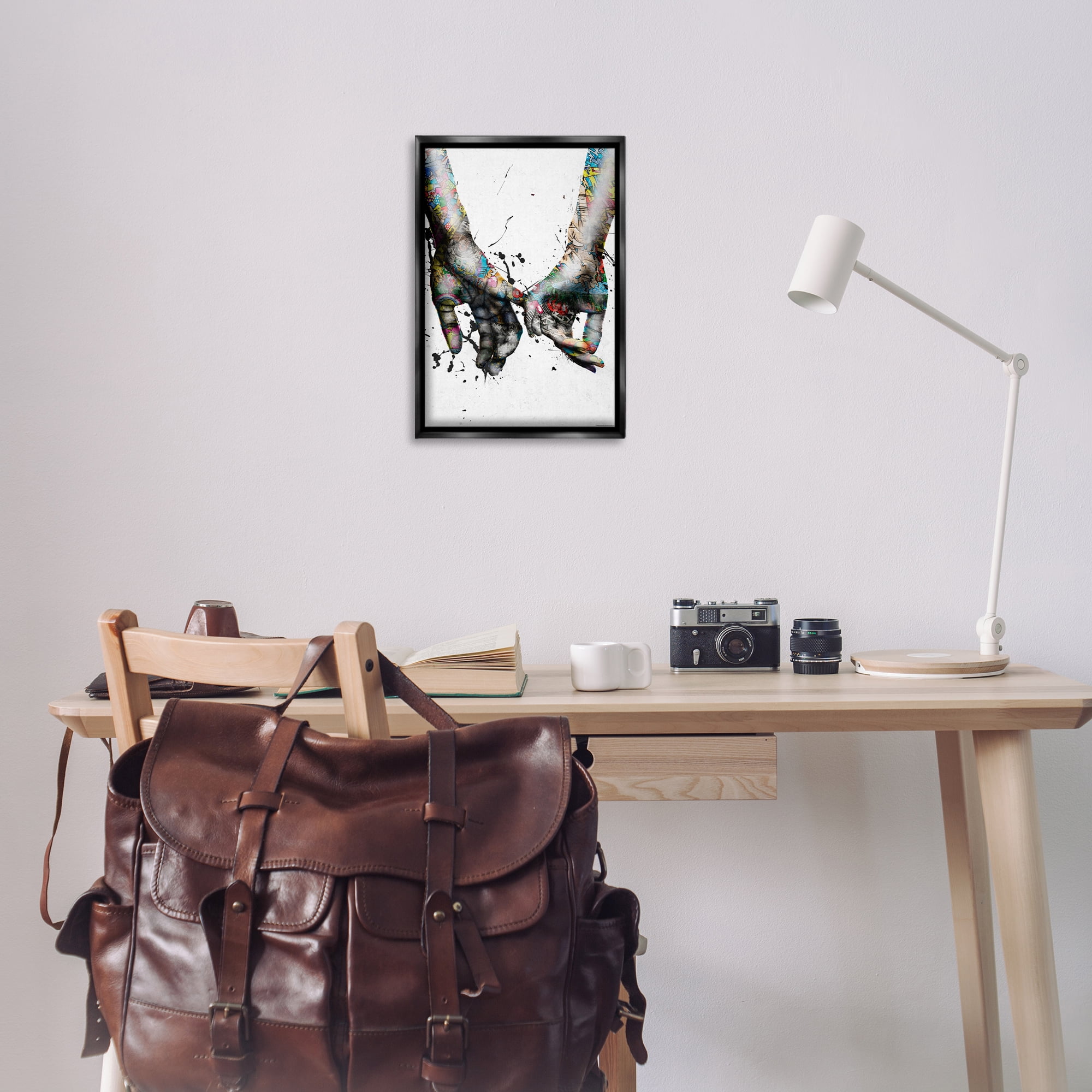 Stupell Industries Modern Splash Hand Holding People Painting Black Floater Framed Canvas Art Print Wall Art, 17 x 25