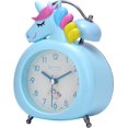 thumbnail image 4 of Reloj despertador analógico con diseño de unicornio rosa, reloj despertador para niños, silencioso por la mañana, doble campana, reloj de mesa silencioso con luz nocturna (azul) ER, 4 of 5