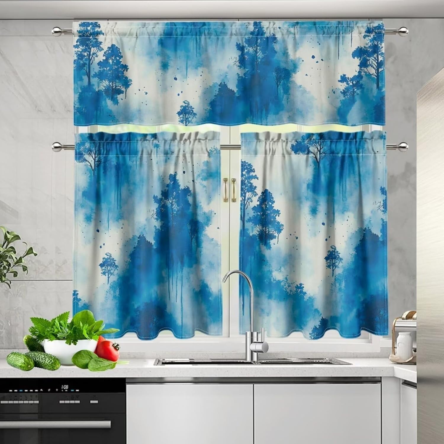 Blue Mountain Trees Kitchen Curtains and Valances Set Kitchen Curtain Set with Valance Kitchen Window Dressing Kitchen Curtain Combo Light Filtering Energy Efficient Curtain Set
