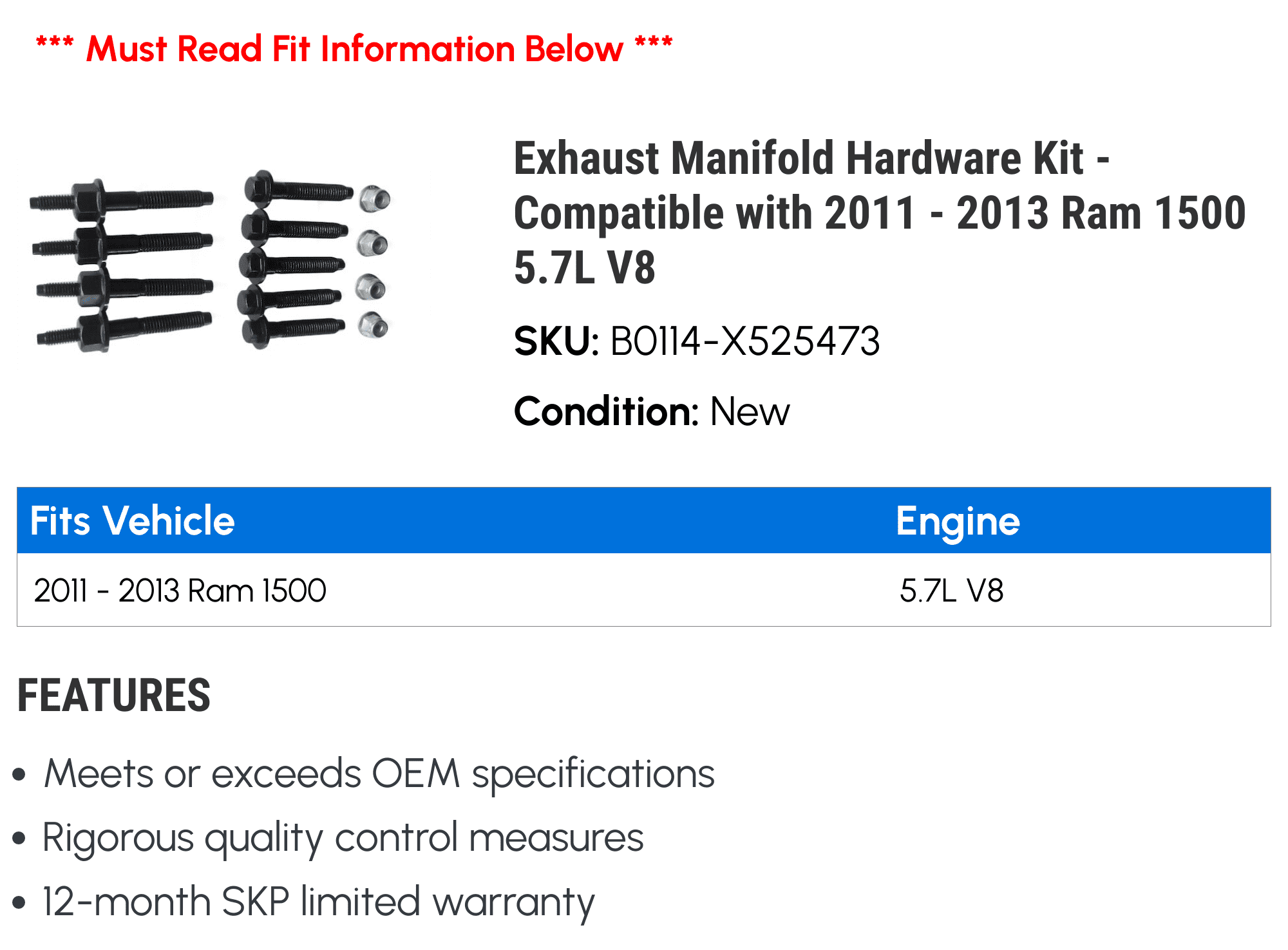 Exhaust Manifold Hardware Kit - Compatible with 2011 - 2013 Ram 1500 5.7L V8 2012