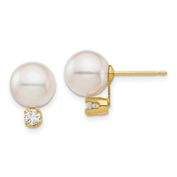 Auriga Fine Jewelry 14K Yellow Gold White Round Saltwater Akoya Cultured Pearl Diamond Stud Earrings for Women (L- 0.36 inch, W- 0.36 inch)