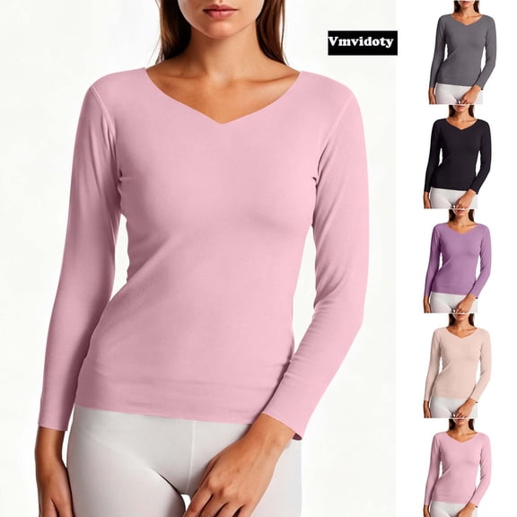 Undershirt for Women Ultra Thin Long V Neck Base Layer Top Pink L