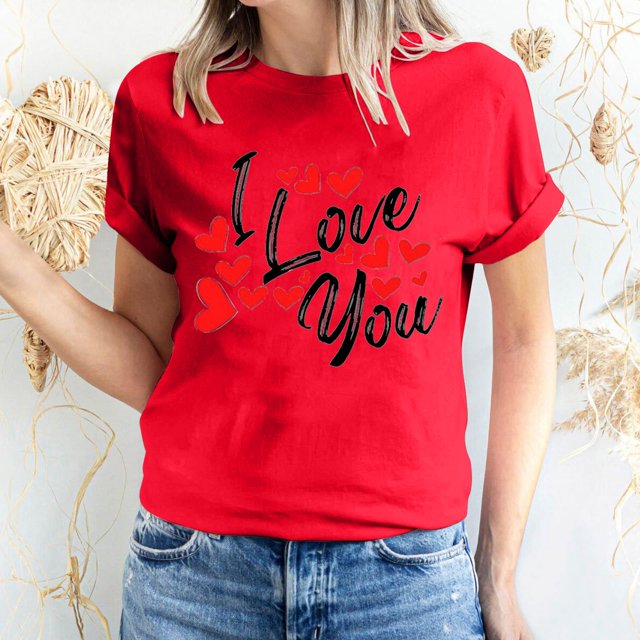 Pisexur Valentines Day T-shirt Top T-shirt à Manches Courtes Imprimé Amour de la Saint-Valentin pour Femmes, Col Rond