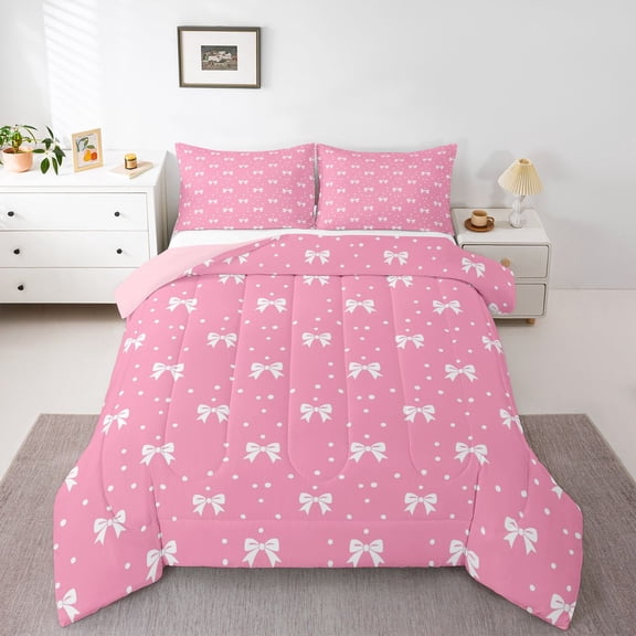 Feelyou Pink Bowknot Kid Queen Comforter Set, Fashion Princess Bow Bedding Set, 3pcs
