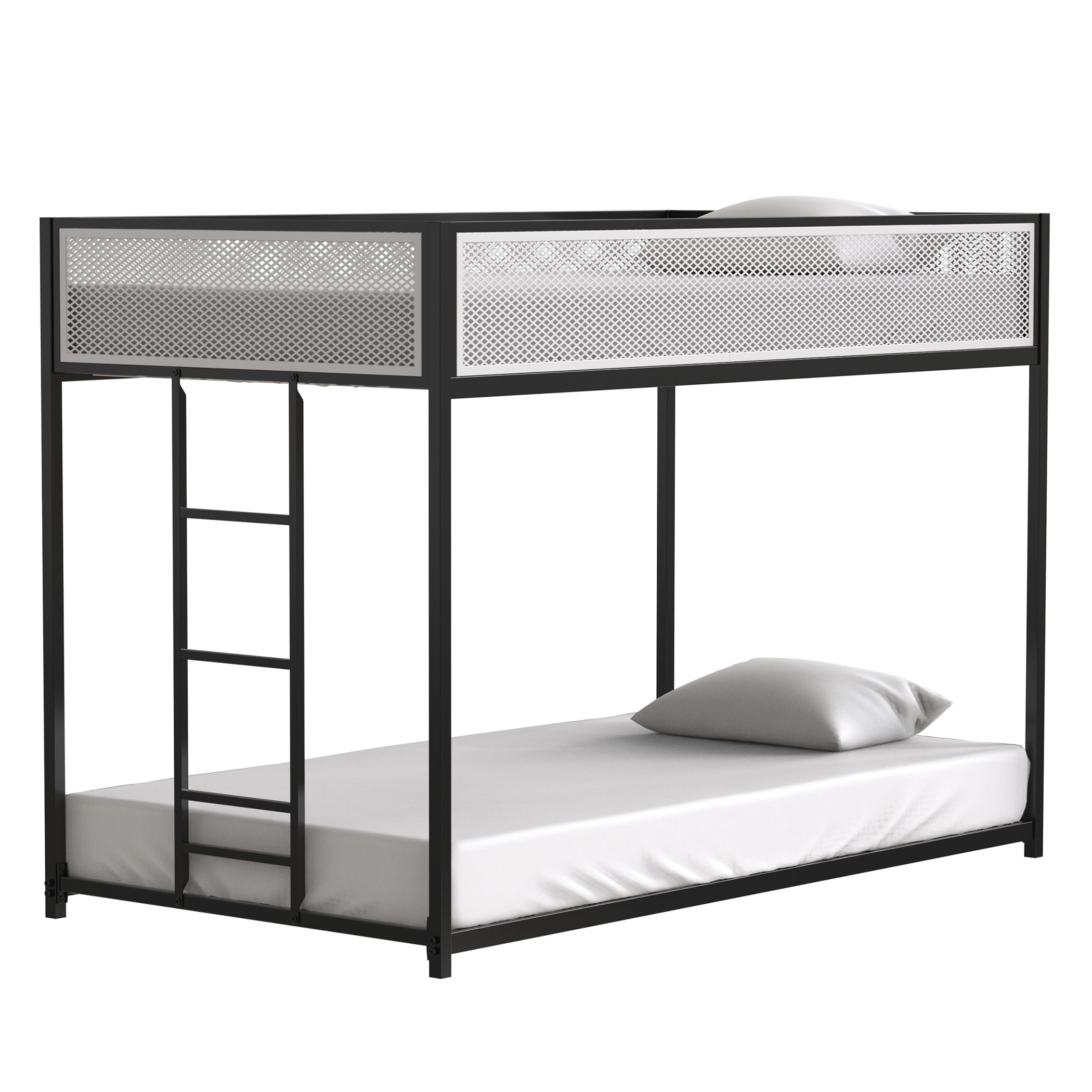 Miniyam Twin over Twin Bunk Bed with Mesh Guardrail for Kids and Teens, Black