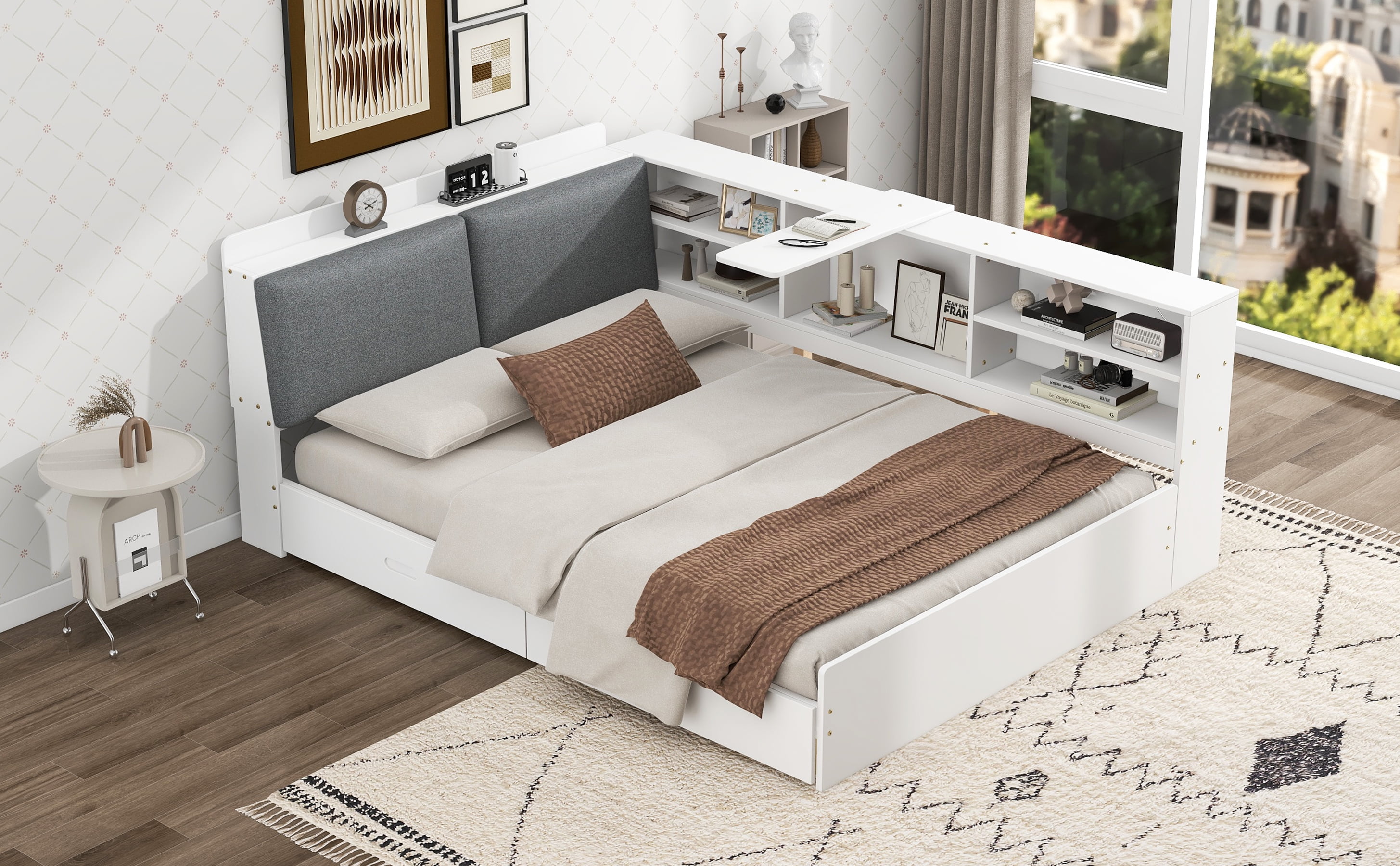 MAYEERTY Wood Full Size platform bed with Storage Headboard, Shelves and 2 Drawers, White
