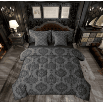 Manfei Black Grey Damask Bedding Comforter Set 7pcs, Retro Boho Hippie Mandala Queen Bedding Sets, Teens Kids Adult Reversible Queen Sheet Sets, Ultra Soft Home Decor