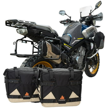 Tusk Pannier Racks with Tusk Pilot Pannier Bags and Bottle Holders Black/Tan For CFMOTO IBEX 800 S 2023-2024