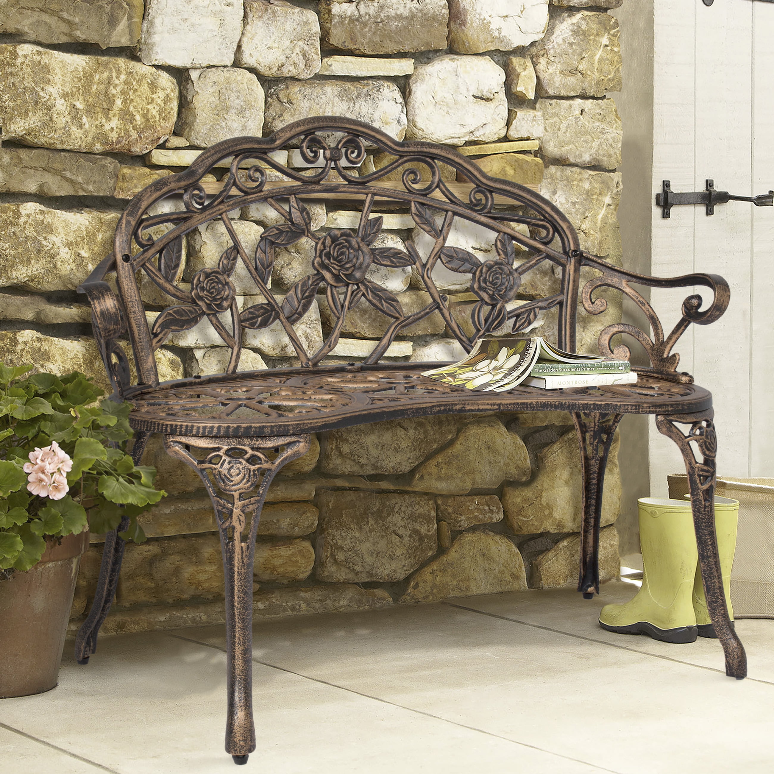 Best Choice S 39in Metal Outdoor Park Bench Porch Chair Yard Furniture For Backyard Garden Patio W Rose Accented Design Bronze