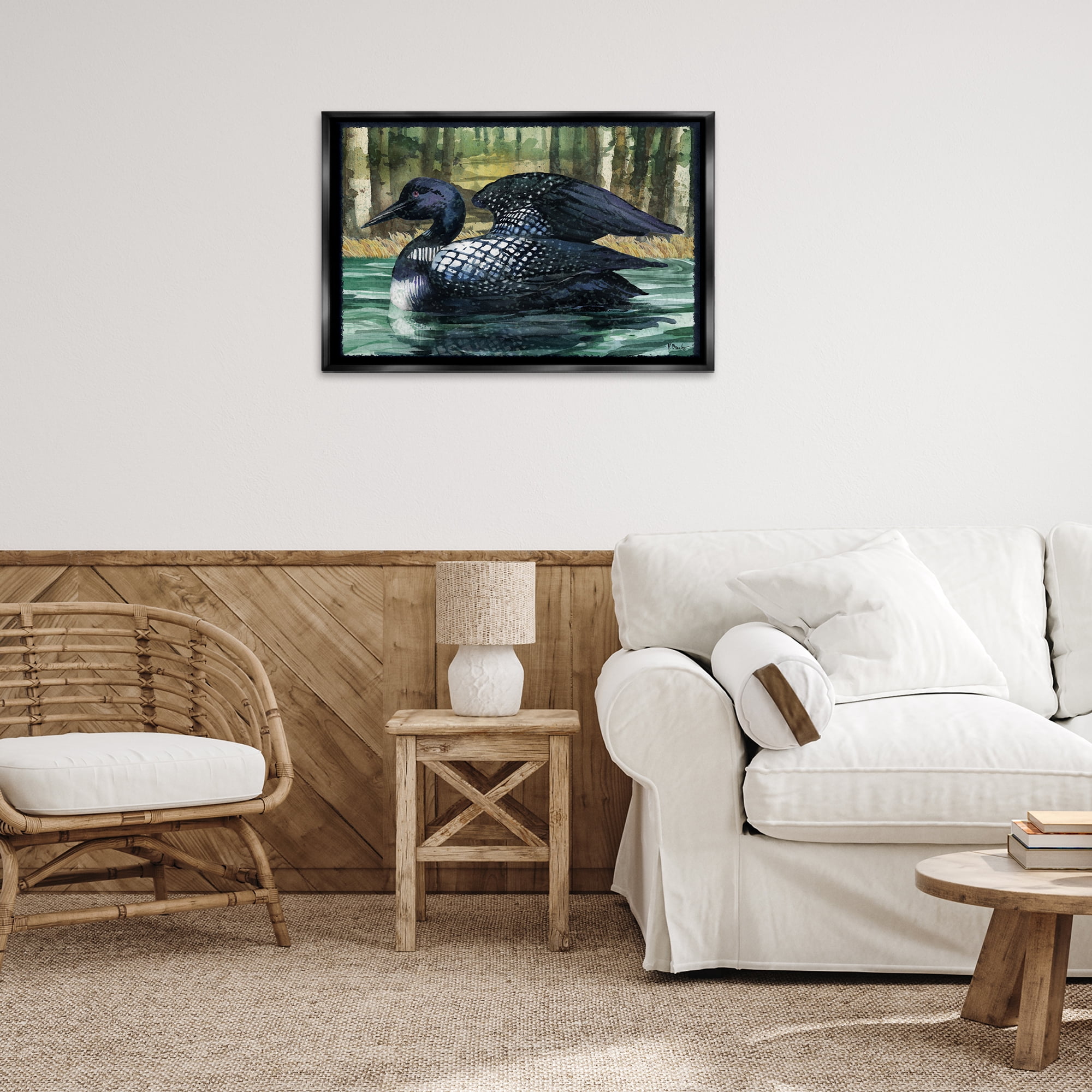 Stupell Industries Swimming Woodland Loon Animals Painting Black Floater Framed Canvas Art Print Wall Art, 31 x 21