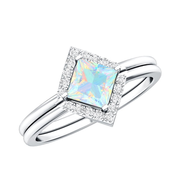 Rosec Jewels Natural Ethiopian Opal Wedding Ring Set for Women - AAA Quality - Opal Diamond Engagement Ring with Enhancer, 925 Sterling Silver, US 4.00