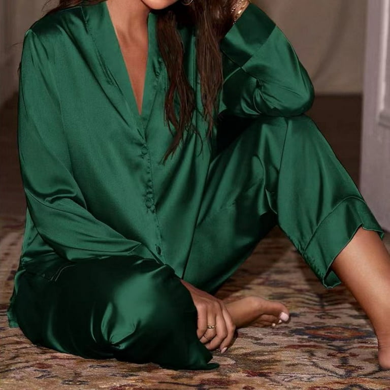 Fancy Women Silk Satin Pajamas Set Ladies Long Sleeve Sleepwear Loungewear  Nightwear Dark green 2XL