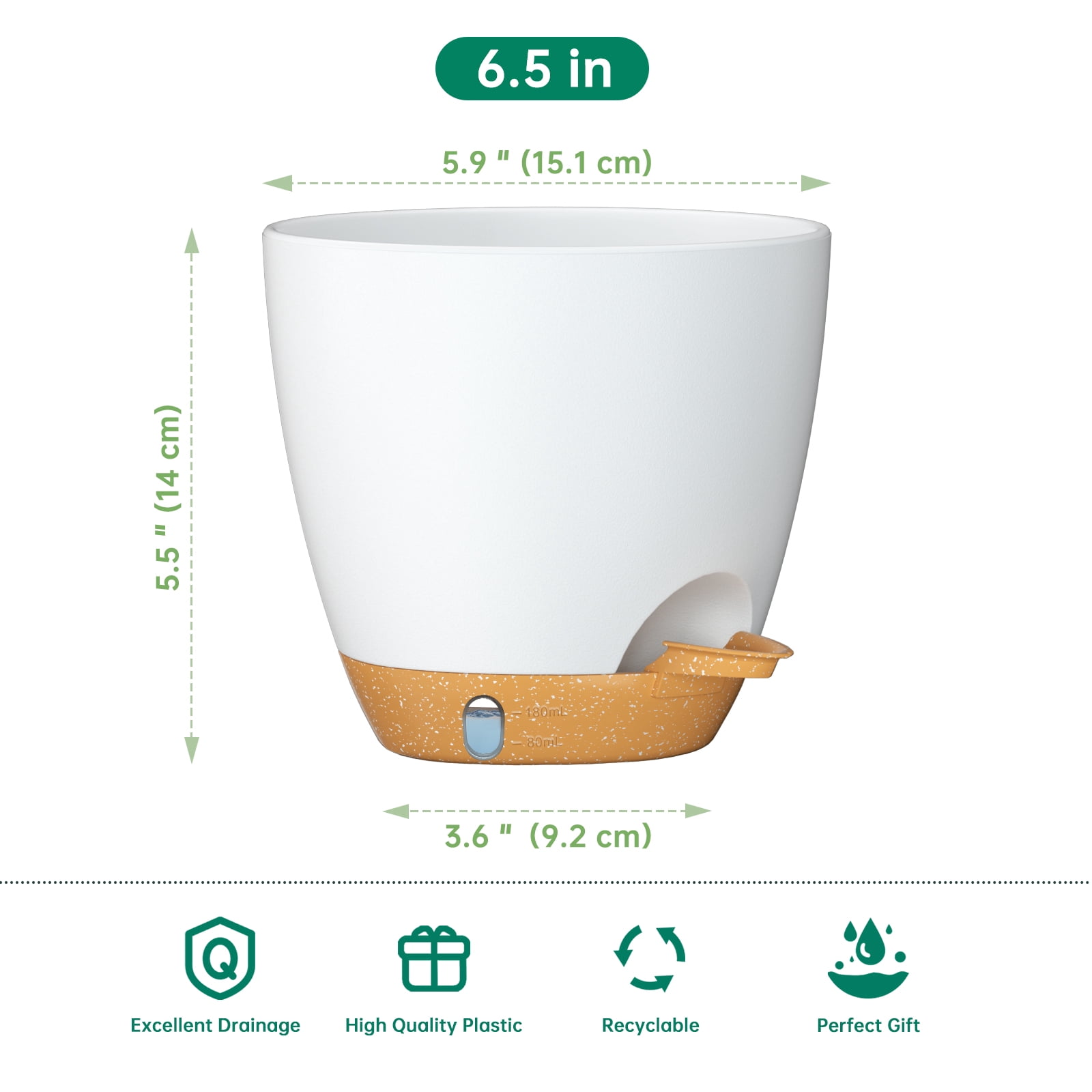 FIASON 5 Pack 6 Inch White with Brown Self Watering Plant Pots, with Watering Lip, Drainage Holes & Removable Saucer, Flower Planters for Indoor Outdoor Garden House Plants