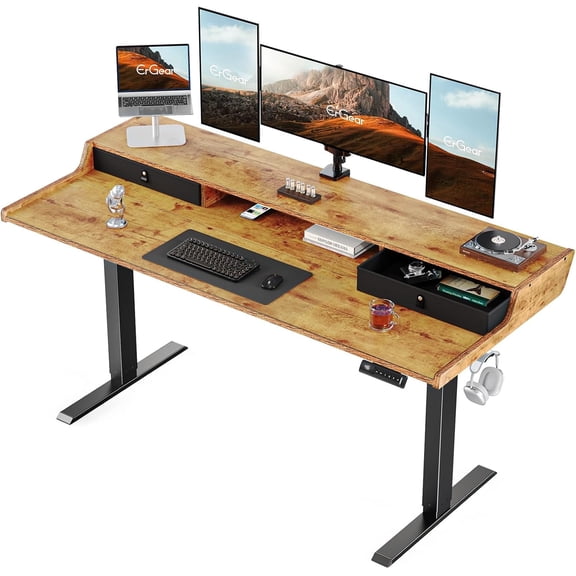 Kyspho 63″ x 28″ Electric Standing Desk with Drawers, Height Adjustable Gaming Desk with Monitor Stand & Storage Shelf, 4 Preset Heights for Home Office, Brown