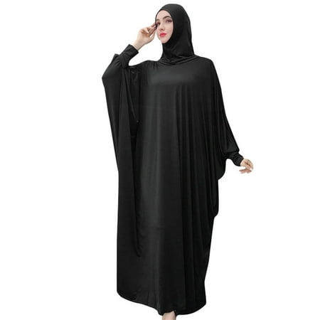 

YWDJ Pajamas for Women Muslim Women Solid color Headgear mosque bat sleeve robes Cardigan Ramadan Dress Black