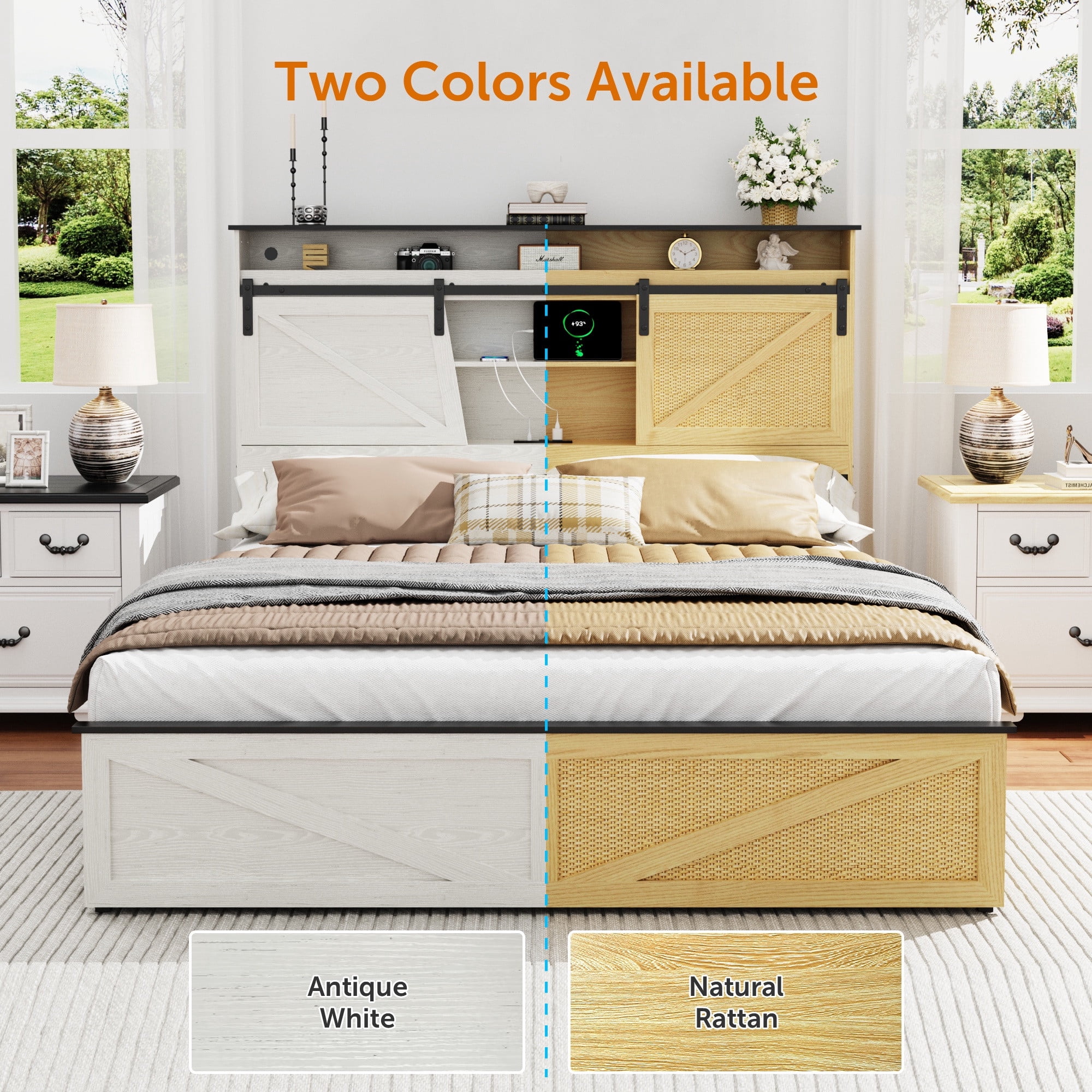 Wood Queen Bed Frame with Headboard & Storage Shelf, Holaki Farmhouse Queen Size Platform Bed Frame with 2 Drawers, Charging Station & LED Lights, Headboard with Sliding Barn Door, White