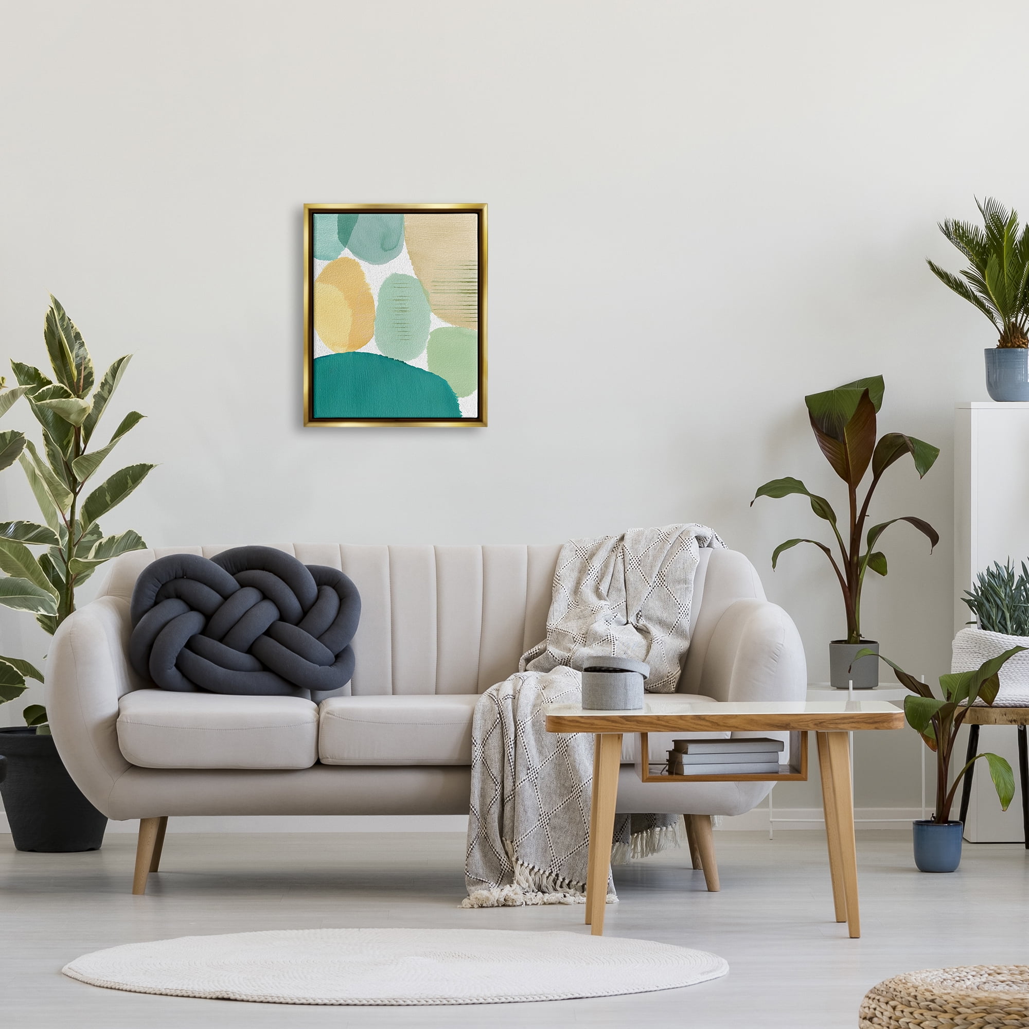 Stupell Industries Green & Yellow Circles Abstract Painting Gold Floater Framed Canvas Art Print Wall Art, 17 x 21