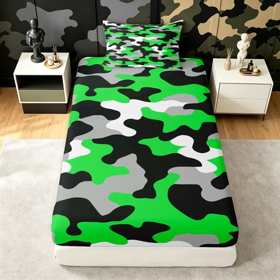 Manfei Minimalst Camouflage Twin Fitted Sheet, Vintage Camo Bedding, Sage Green, 2 Pieces, 1 Fitted Sheet and 1 Pillowcase