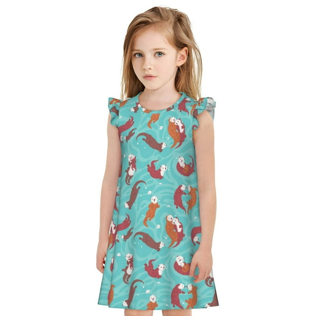 Bingfone Famille de Loutres de Mer en Eau Bleue pour Filles, Robe de Nuit à Manches Volantes, Pyjamas de Princesse pour Filles, Tenue de Maison-Moyenne