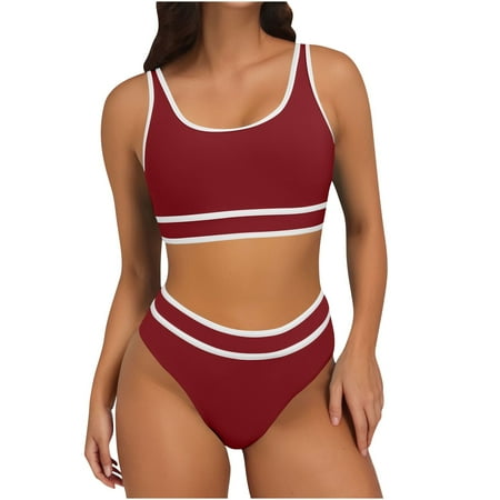 Srogem Womens High Waisted Bikini Color Block Swimwear Bandeau Top Sports Style Scoop Crop 2 Piece Bathing Suits