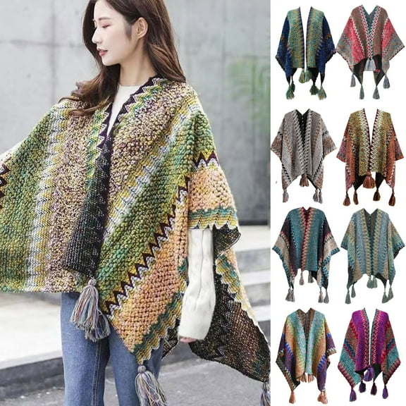Women's Soft Knit Shawl Tassel Fringed Wrap Color Block Cardigan Sweater