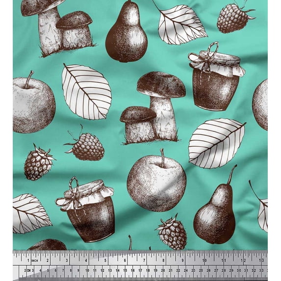 Soimoi Viscose Chiffon Fabric Mushroom, Pear Fruits Printed Fabric 1 Yard 42 Inch Wide