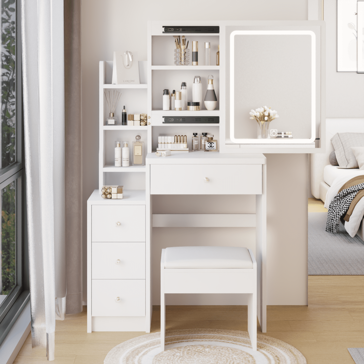 Resenkos Makeup Vanity Desk with Rectangle Mirror and LED Lights for Bedroom, 30" Dressing Table Dresser Stool