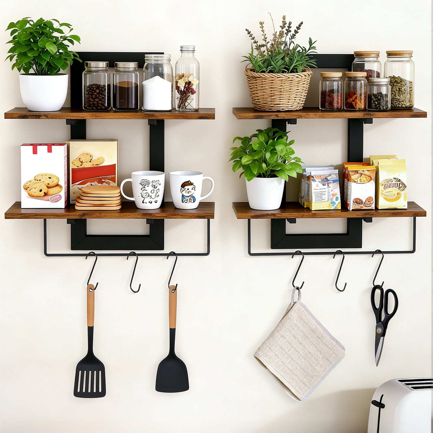 2-Tier Wood Floating Shelves Wall Mounted, Rustic Brown Decorative Storage Shelves for Bathroom Bedroom Living Room Kitchen, 2 Pack