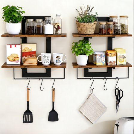 Wood Floating Shelves for Wall, 2-Tier Wall Mounted Shelves for Bathroom, Bedroom, Living Room, Kitchen (2 Set, Rustic Brown, 15 in)