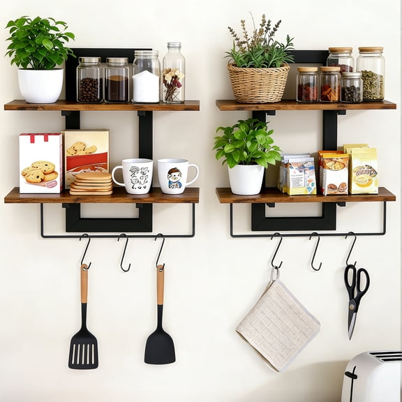 Wood Floating Shelves for Wall, 2-Tier Wall Mounted Shelves for Bathroom, Bedroom, Living Room, Kitchen (2 Set, Rustic Brown, 15 in)