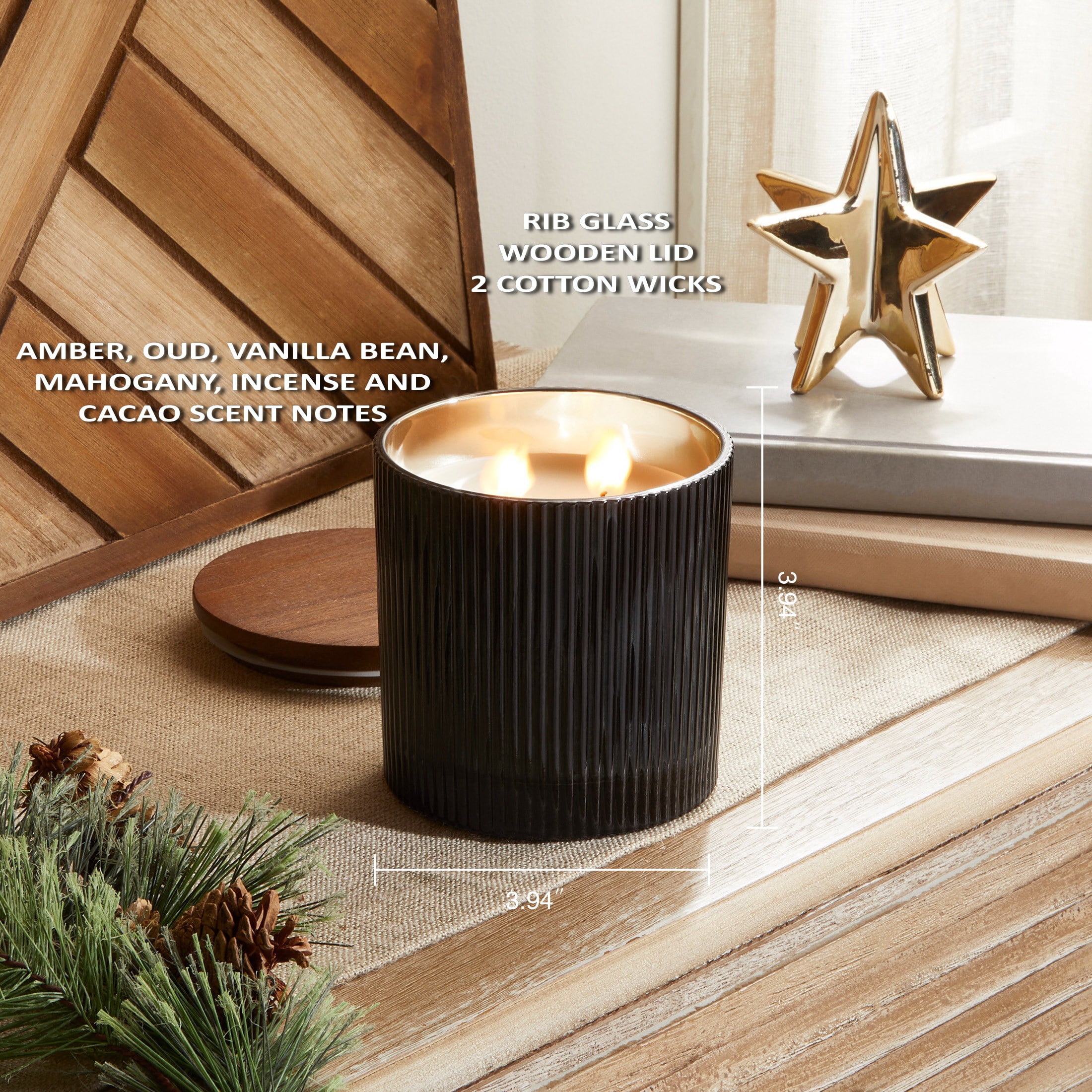 Better Homes & Gardens Warm Leathered Amber Scented Cotton 2-Wicks Ribbed Mecury Glass Jar Candle with Wooden Lid 12oz