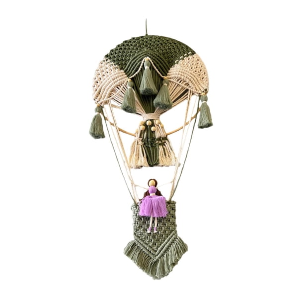 Tapiz colgante de pared de macramé bohemio con borlas, globo aerostático hecho a mano, decoración de pared para apartamento, fondo, sala de estar, verde