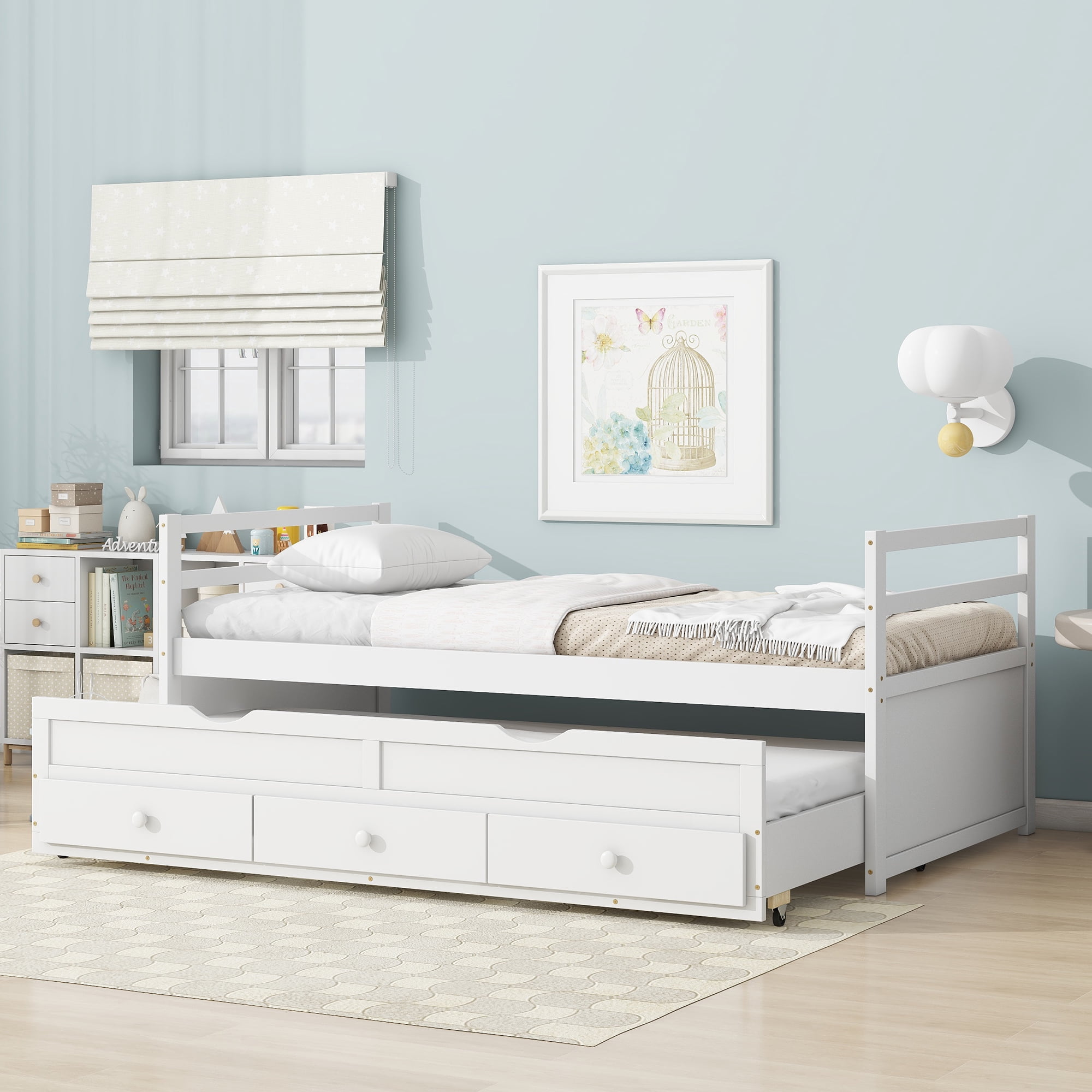 Sailvan Twin Size Bed with Headboard, Footboard, Trundle and 3 Storage Drawers, Pine Wood Bed