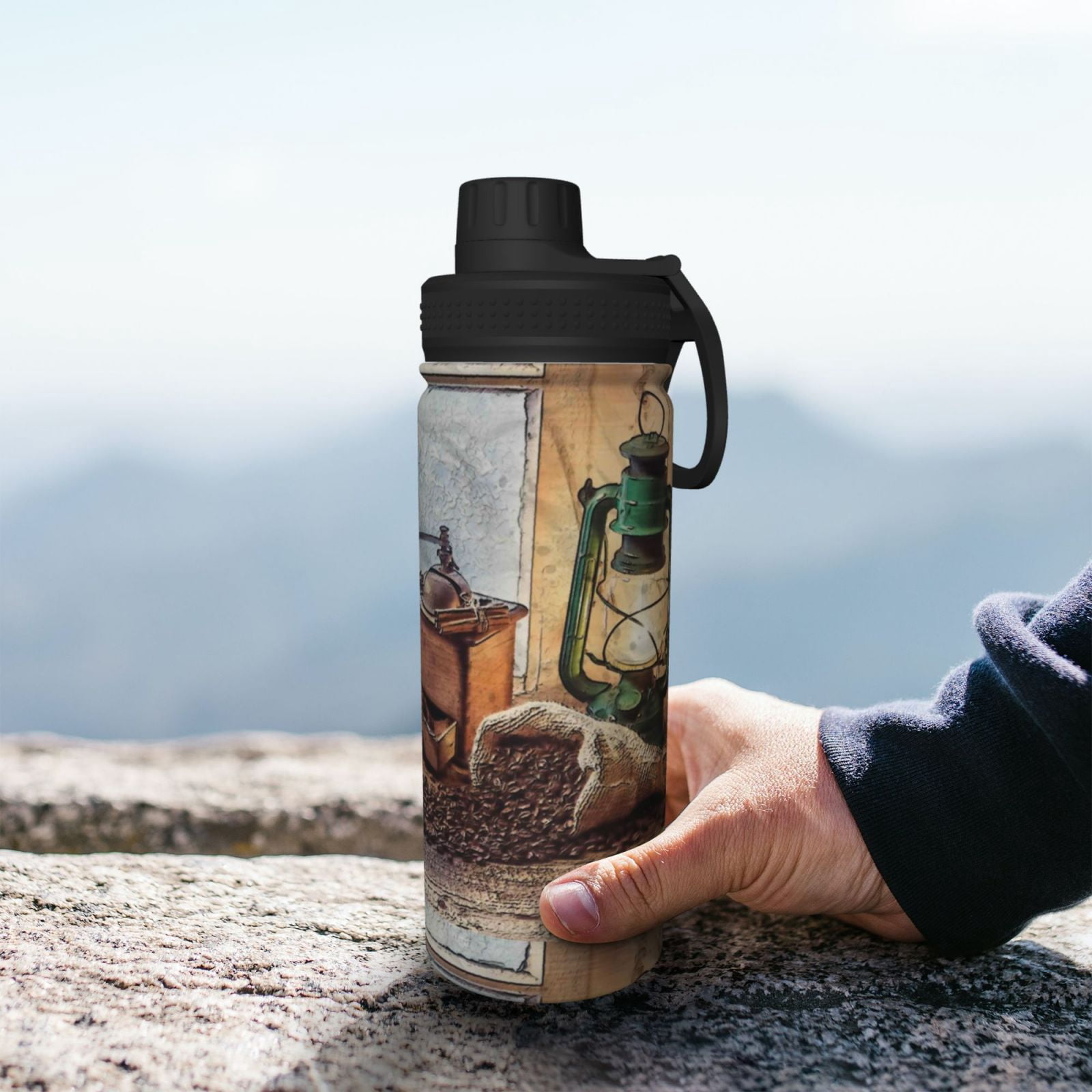Picia Oil Lamp Coffee Beans Pattern Water Bottle 18 oz Stainless Steel Insulated Bottles With Handle Leak Proof Gym Sport Water Jug BPA-free insulated kettle For Men Women Adults