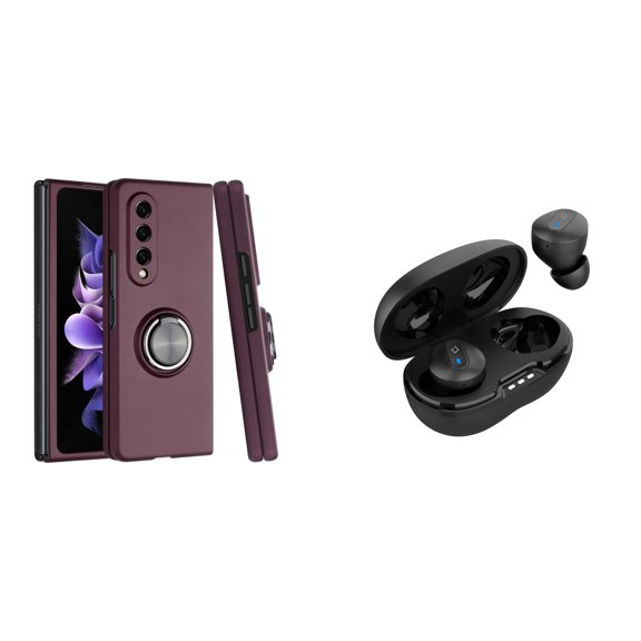 BEMZ Magnetic Ring Car Mount Holder Stand Protective Case (Burgundy) with Noise-Cancelling Wireless Earbuds with Charging Case for Samsung Galaxy Z Fold 4 5G